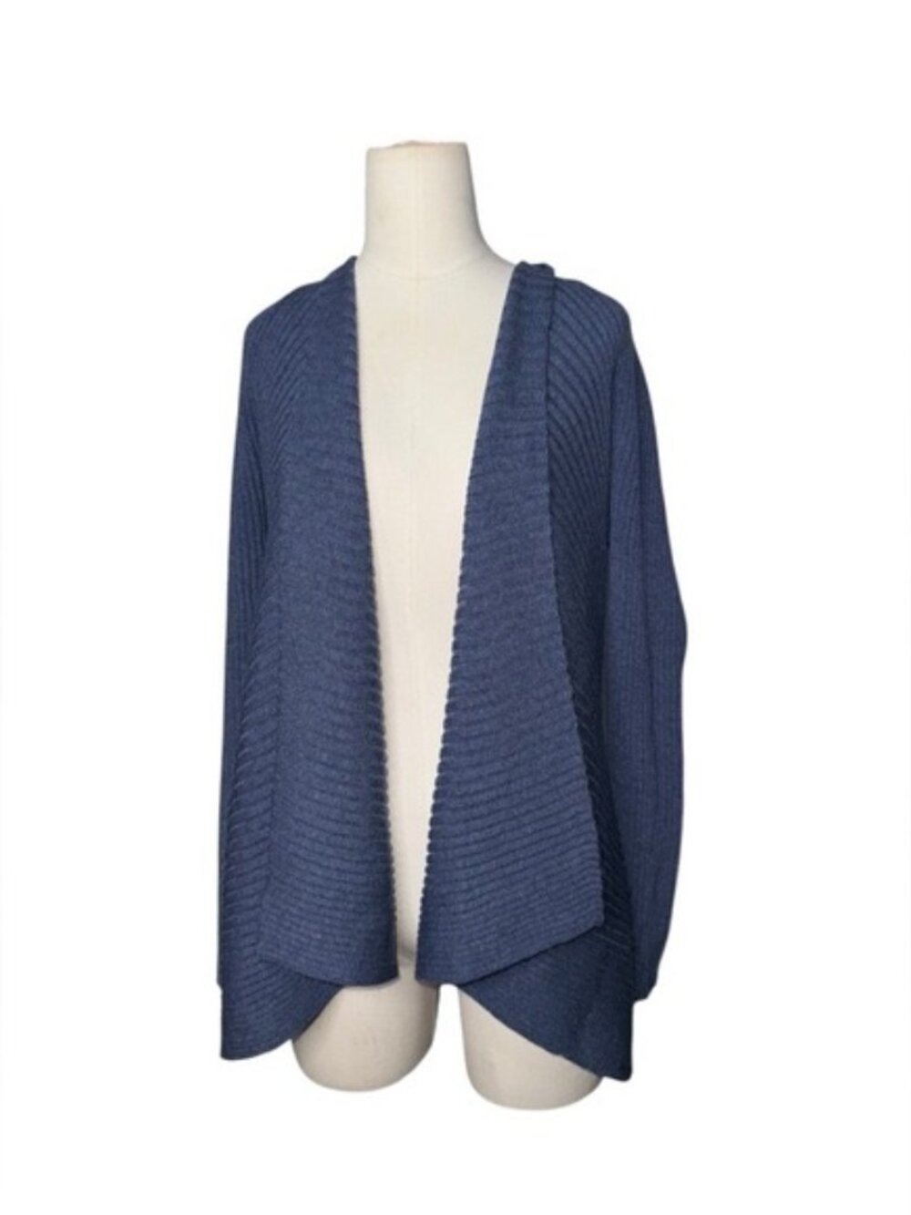 Eileen Fisher Merino Wool Open Front Cardigan Soft Ribbed Knit Blue Draped PM - Picture 5 of 5